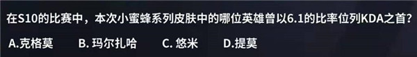 LPL小蜜蜂猜猜乐3月20日答案 本次小蜜蜂系列皮肤中的哪位英雄曾以6.1的比率位列KDA之首