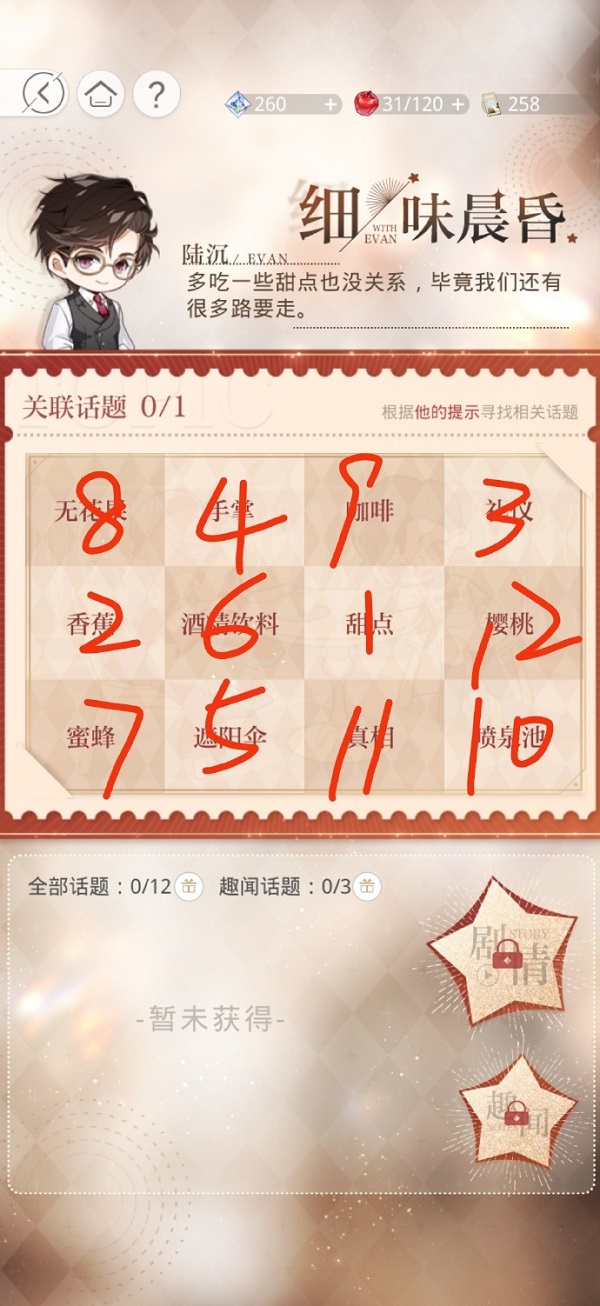 《光与夜之恋》永恒盛会细味晨昏话题顺序攻略