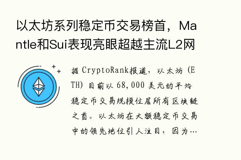 以太坊系列稳定币交易榜首，Mantle和Sui表现亮眼超越主流L2网络